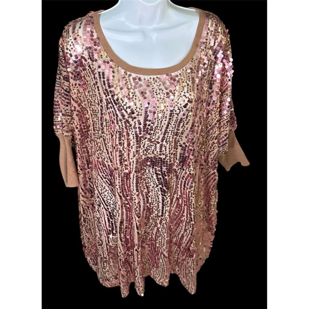 Joan Boyce Pink Champagne Sequin 1X Tunic Top Oversized Dolman Sleeve Women